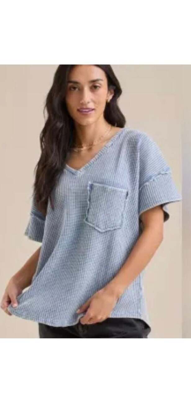 Altar'd State Blue Waffle Knit Raw Hem V-Neck Tunic Top with Pocket XS Coastal